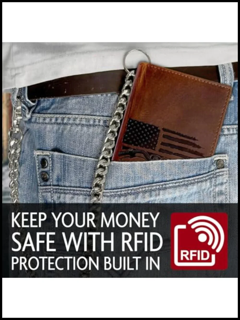 Tall Leather Wallet with Chain RFID Blocking 10 Card Slots Biker Motorcycle